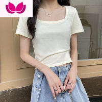 七斓方领t恤短袖2023新款女夏季短款正肩修身chic上衣辣妹风ins潮