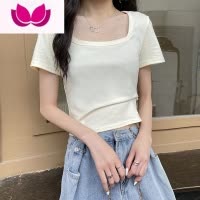 七斓方领t恤短袖2023新款女夏季短款正肩修身chic上衣辣妹风ins潮