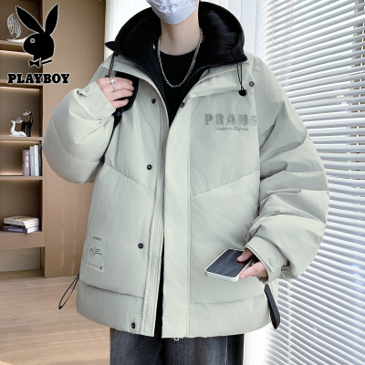 花花公子新款高品质假两件羽绒服男针织帽白鸭绒潮流青少年冬季外套男