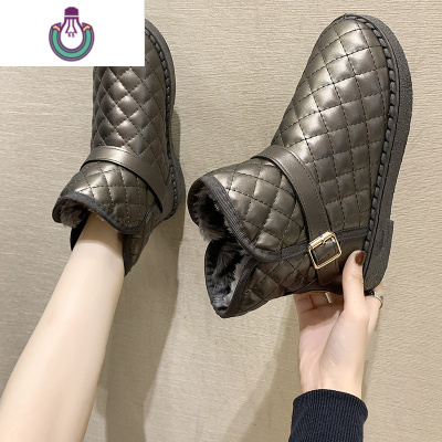 FISHBASKET皮带扣皮面时尚雪地靴女2020年新款冬季加厚加绒雪地棉保暖棉鞋子靴子