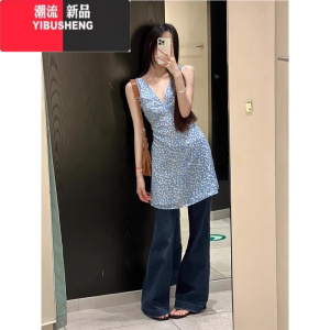 YIBUSHENG复古风V领蓝色碎花无袖背心连衣裙女季显瘦气质收腰叠穿A字短裙 蓝色 均码