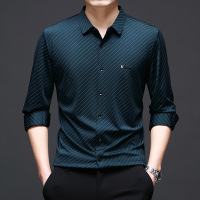 冰丝新款薄款条纹印花长袖衬衣男士春秋季商务休闲百搭宽松衬衫男