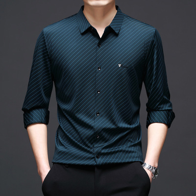 冰丝新款薄款条纹印花长袖衬衣男士春秋季商务休闲百搭宽松衬衫男