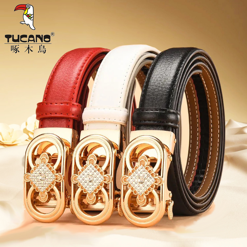 啄木鸟女士真皮自动扣皮带女式百搭二层牛皮腰带时尚裤带2025新款