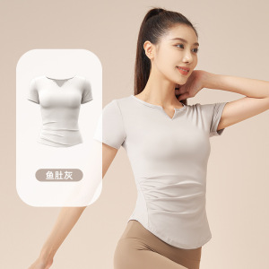 速干V领短袖裸感健身褶皱T恤百搭运动上衣跑步瑜伽短袖女