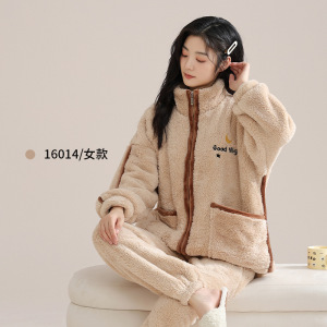 品牌同款情侣珊瑚绒睡衣男女士秋冬季法兰绒加厚半边绒家居服套装