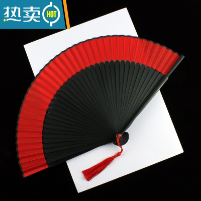 XIANCAI扇子古风汉服女旗袍走秀小折扇中国风跳舞蹈扇古典折叠古装扇子夏 排扇-黑骨红面
