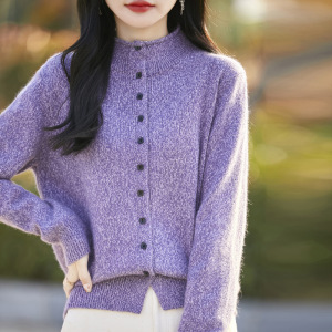 加厚花纱立领针织开衫女士彩点纱一线成衣叠穿亲肤绒毛衣外套新款