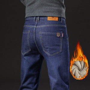 冬季加绒牛仔裤男品质宽松直筒舒适男裤中年爸爸男士高腰裤子批发