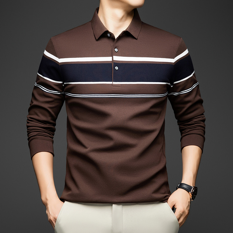 男士长袖T恤秋新款条纹翻领Polo衫商务休闲宽松爸爸男装潮