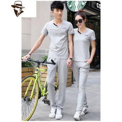 夏季情侣运动套装短袖长裤男士V领休闲大码跑步运动服套装女夏天YIBUSHENG