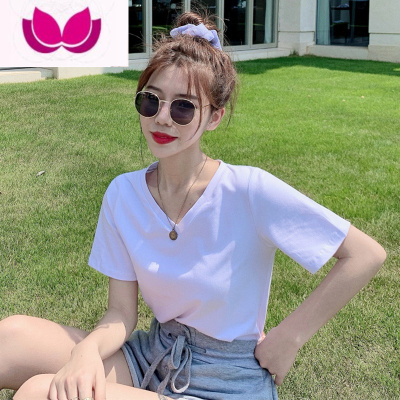 七斓白色宽松t恤女V领短袖体恤上衣2023年新款夏季纯色半袖ins潮