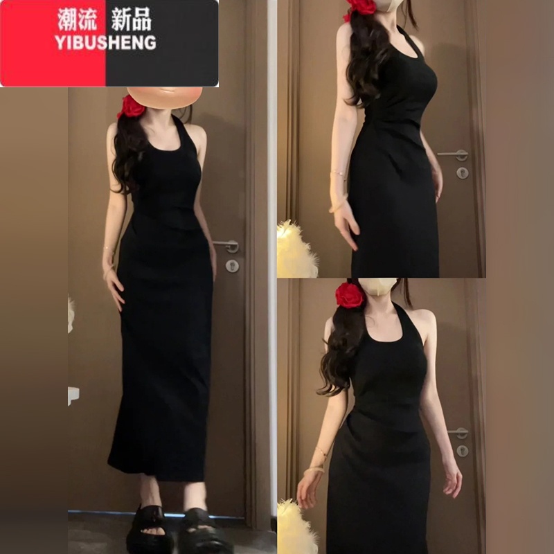 YIBUSHENG黑色高级感赫本风无袖挂脖连衣裙子女季2024新款纯欲辣妹风长裙