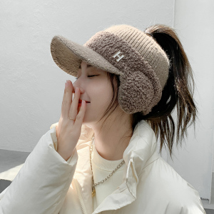 啄木鸟帽子女秋冬毛线帽加厚保暖户外骑车护耳女士空顶棒球帽冬天