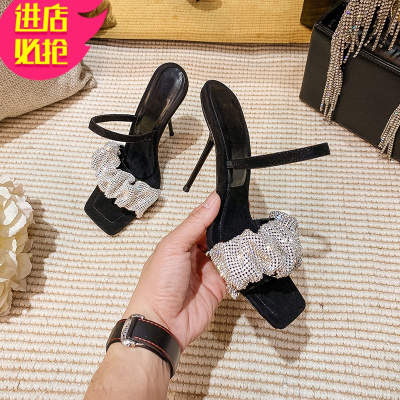 金三志方头水钻一字带凉鞋女仙女风2021年新款夏季时装高跟鞋细跟ins潮凉鞋