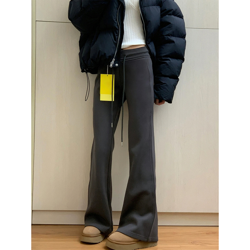 深灰色微喇休闲裤女款秋冬加绒胖妹妹mm高腰弹力显瘦运动卫裤