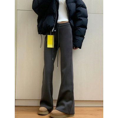 深灰色微喇休闲裤女款秋冬加绒胖妹妹mm高腰弹力显瘦运动卫裤_604