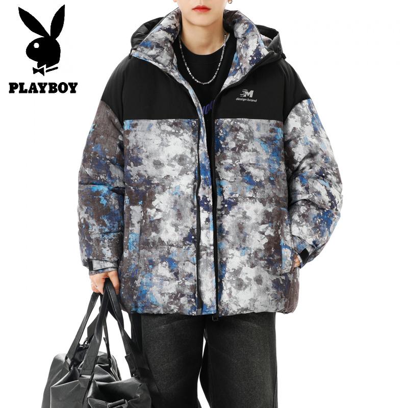 花花公子新款高品质迷彩拼接棉衣男潮流青少年加厚保暖冬季学生外套男