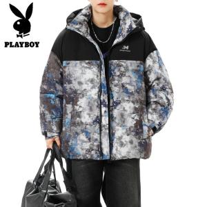花花公子新款高品质迷彩拼接棉衣男潮流青少年加厚保暖冬季学生外套男