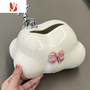 三维工匠轻奢陶瓷云朵纸巾盒客厅轻奢茶几摆件餐巾纸抽纸盒家用创意纸 奶白陶瓷云朵纸巾盒+兔子(送蝴蝶结)