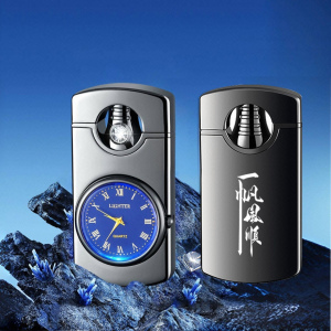 新款防风充气打火机个性直冲炫酷镶钻真表盘手表蓝焰点烟器送男友