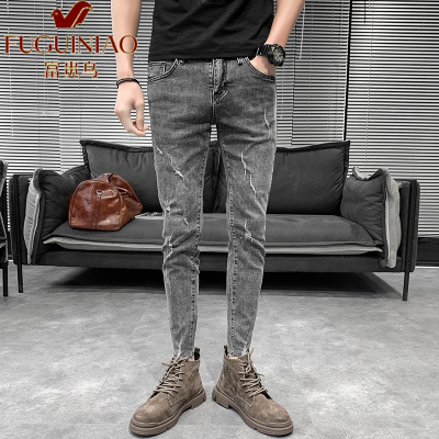 富贵鸟(FUGUINIAO)牛仔裤男2021年新款韩版潮流修身小脚裤百搭显瘦社会精神小伙裤子