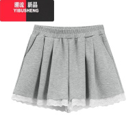 YIBUSHENG蕾丝花边灰色休闲裤女季百搭显瘦松紧腰宽松阔腿裤小众外穿短裤