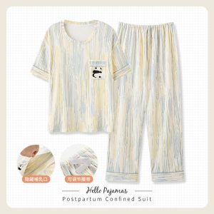 月子服夏季薄款棉质产后短袖长裤大码孕妇哺乳睡衣女怀孕期家居服