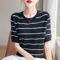 夏季女装新款曲珠冰麻丝短袖女针织衫条纹T恤女圆领背心