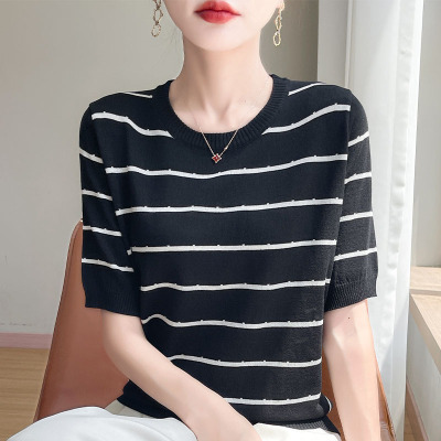夏季女装新款曲珠冰麻丝短袖女针织衫条纹T恤女圆领背心_1