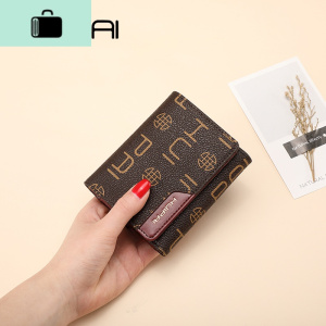 小钱包女士短款2020新款简约时尚复古印花多功能零钱包三折叠钱夹NEW LAKE 咖啡色配酒红色 咖啡色配酒红色