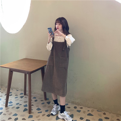 广赫学院风套装小个子灯芯绒背带裙宽松百搭减龄复古工装连衣裙两件套套装