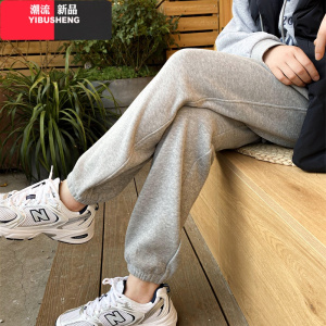 YIBUSHENG灰色运动裤女宽松束脚休闲哈伦裤子女秋冬束口加绒卫裤女冬季加厚休闲裤