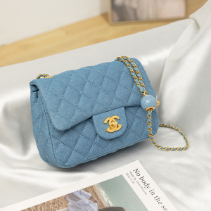 MKJ正品高级感百搭小香风菱格链条包蓝色牛仔方胖子金球包小包单肩斜挎包