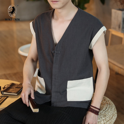 七匹狼国际公司授权WOLFTREK-中青年男装宽松加大码无袖撞色棉麻V领中国风无袖T恤