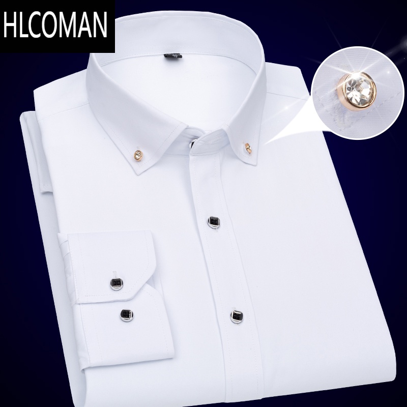 HLCOMAN男士长袖白衬衫商务免烫正装韩版修身短袖衬衣潮流纯色伴郎
