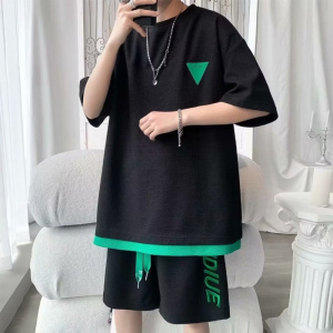 运动服套装男夏季短袖T恤套装刺绣休闲青年半袖T恤两件套