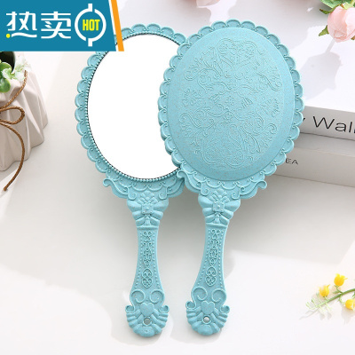 敬平复古宫廷风手柄化妆镜美容院专用纹绣镜便携随身手持手拿高清镜子便携式用镜 蓝色--2个装