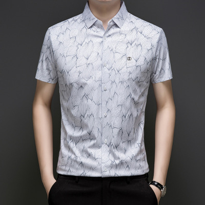 2025夏季男士短袖衬衫数时尚码印花无痕免烫中年衬衣
