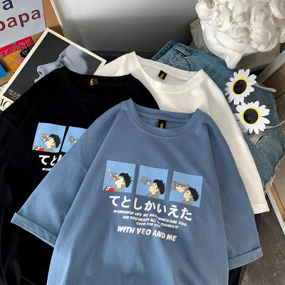 日式卡通休闲宽松短袖T恤女夏季情侣装打底衫女大码上衣女装