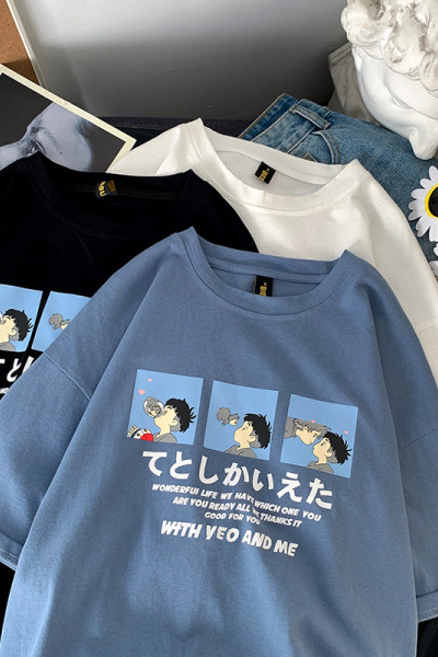 日式卡通休闲宽松短袖T恤女夏季情侣装打底衫女大码上衣女装