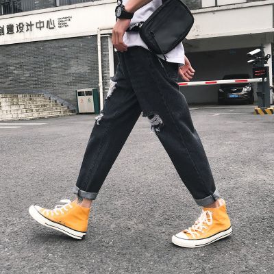 珂卡慕(KEKAMU)牛仔裤破洞男薄款裤子韩版潮流九分裤直筒港风复古潮乞丐裤2020新款春季黑色27