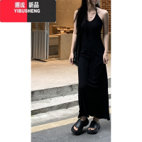 YIBUSHENG红人馆挂脖连衣裙女季新款黑色高级垂坠感长裙气质火吊带裙子