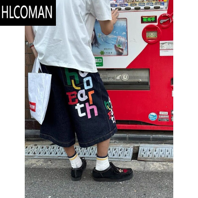 HLCOMAN美式复古街头彩色字母印花牛仔短裤男女直筒宽松阔腿裤夏季七分裤