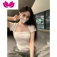 七斓港味方领t恤女春季纯欲短款白色修身性感辣妹短袖薄款设计感上衣