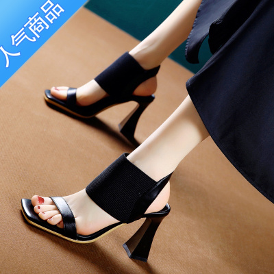 SUNTEK欧美风设计感弹力粗跟高跟鞋女2023春夏新款网红方头时装露趾凉鞋