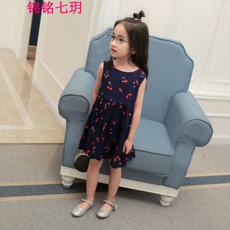 锦铭七玥春夏新款时尚童装女童装樱案露无袖短款连衣裙背心裙一件