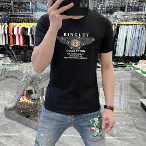 欧洲站时尚夏季新款潮牌男士丝光棉字母烫钻短袖修身t恤男潮欧货