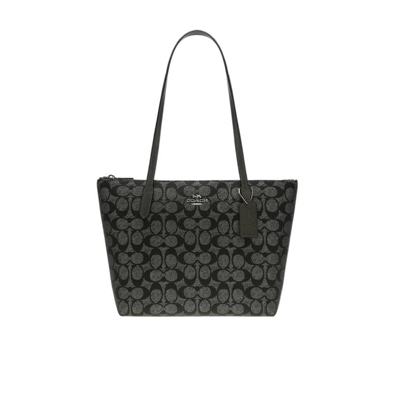 COACH 金属质感皮革女士手提包顶部拉链闭合时尚设计