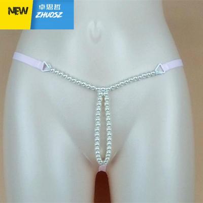 日系珍珠丁字裤女性感透明蕾丝珠子开档t裤大码一根带子女士内裤卓思哲